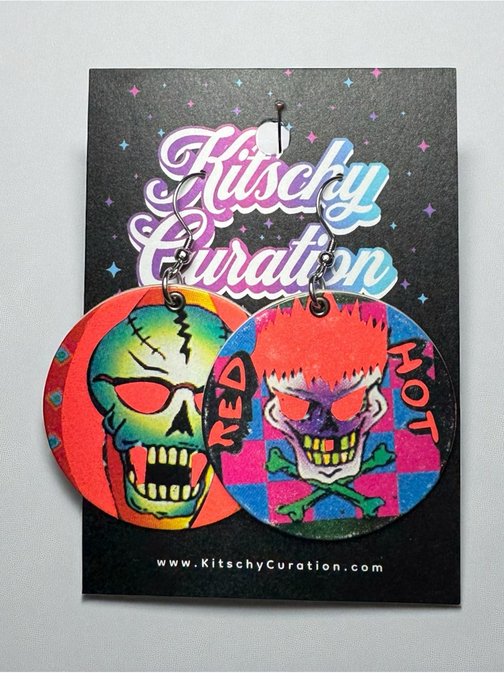 VTG POG Earrings Y2k Millennial Novelty Kitschy Billiard Skull Frankenstein